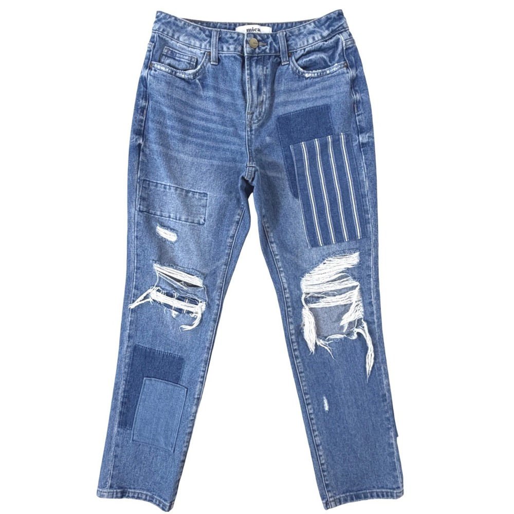 Patchwork Straight Leg Jeans Mica Womens 25 Blue Distressed Ripped Cottage Boho